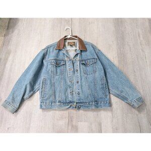 Express Men's Denim Jacket Brown Leather Collar Button Accents Size LG